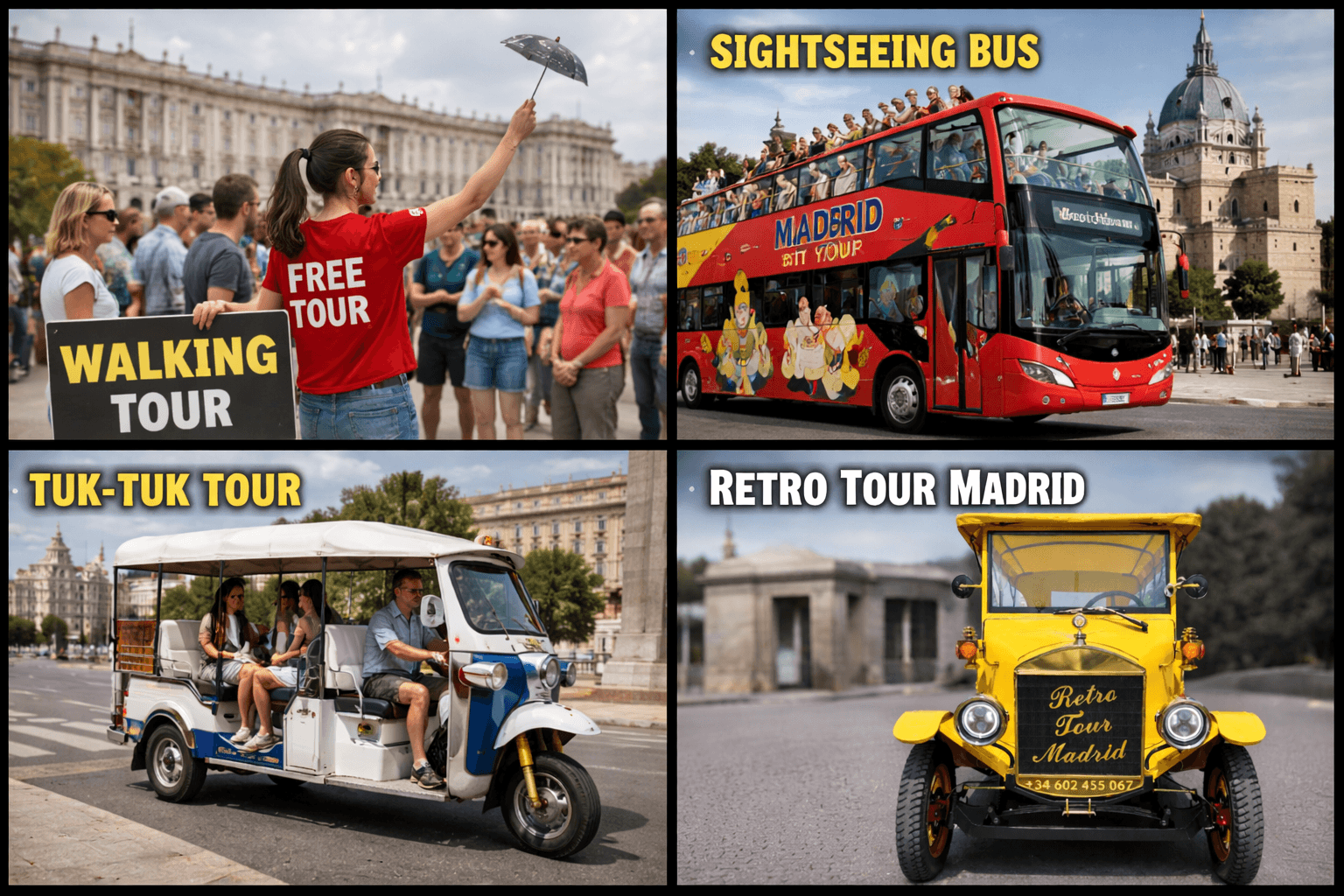 Tourist bus vs Tuk Tuk vs Free Tour vs Retro Tour Madrid: Which is better?